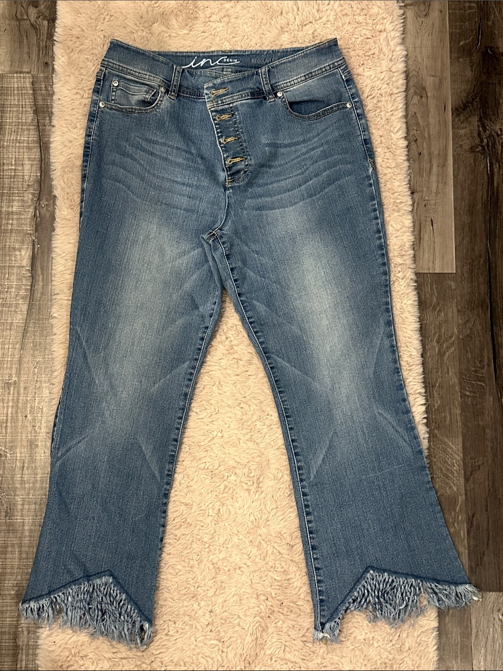 Ina Blue High-Rise Button-Front Flare Jeans with Fringe Hem